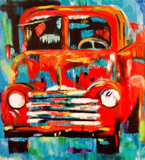 A colorful abstract painting of a classic red truck against a vibrant blue background.
