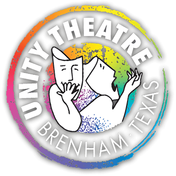 Logo of Unity Theatre featuring theatrical masks and colorful circular design, located in Brenham, Texas.