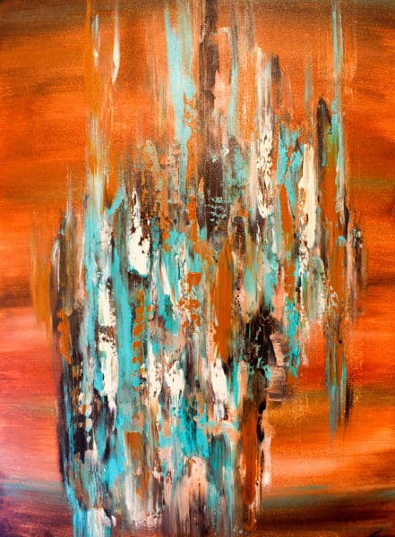 Abstract painting featuring vibrant orange and teal hues with textured, layered brushstrokes.