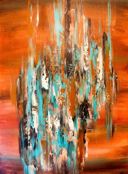 An abstract painting featuring vibrant orange hues contrasted with blue, white, and brown brushstrokes.