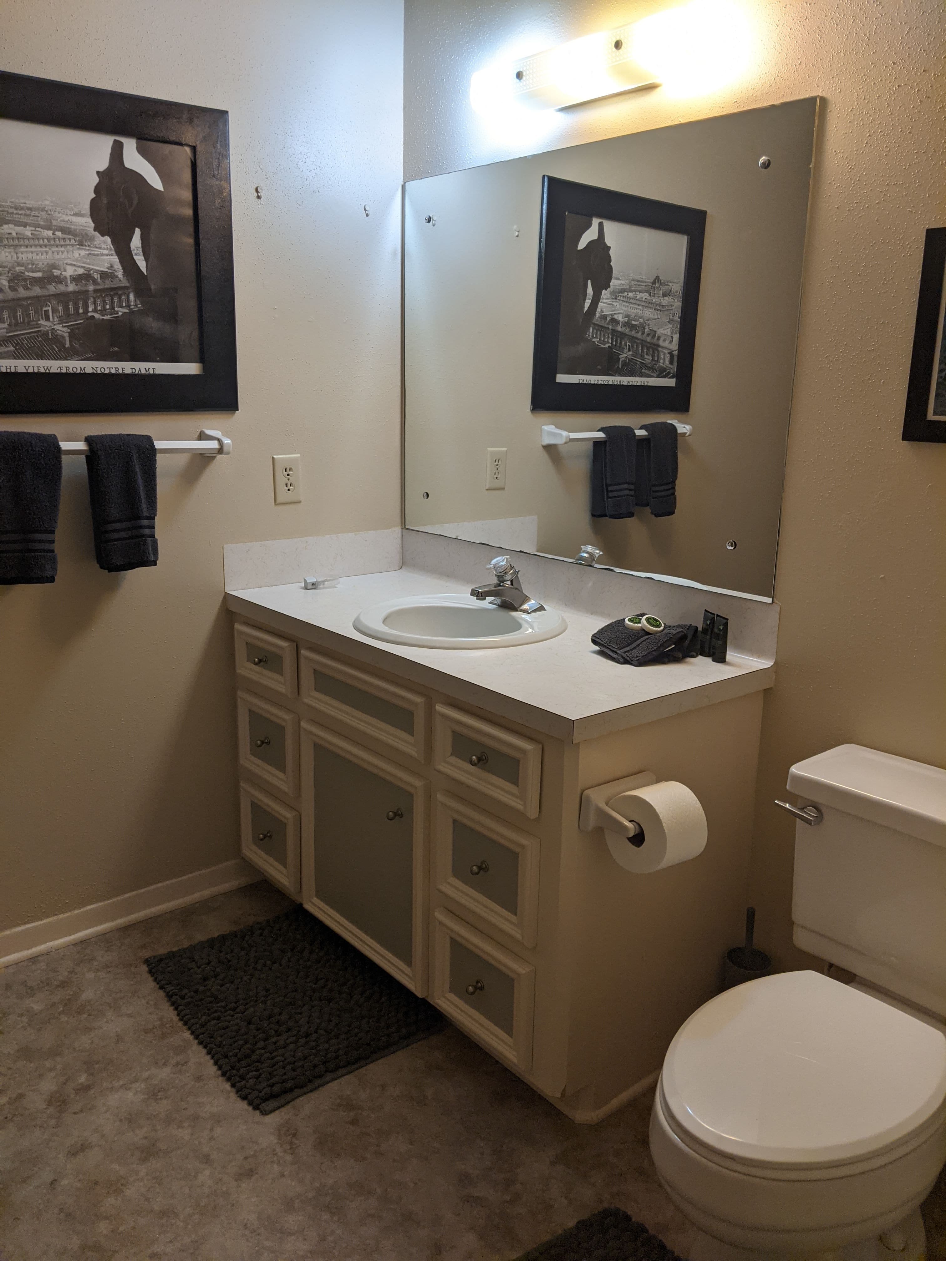 A modern bathroom featuring a sink with a mirror, towels, a toilet, and decorative art on the walls.