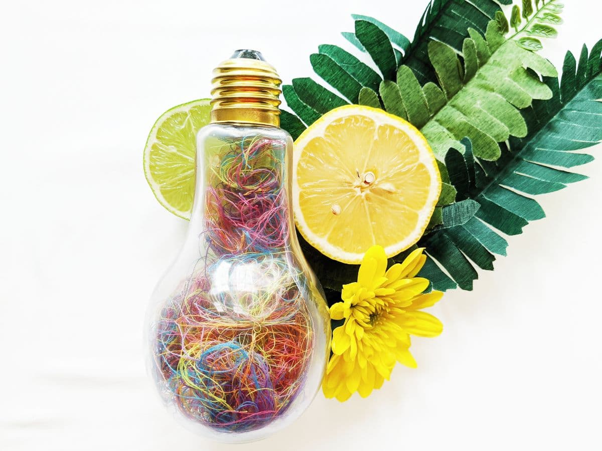 A light bulb filled with colorful threads, surrounded by lemon halves, a yellow flower, and green leaves.